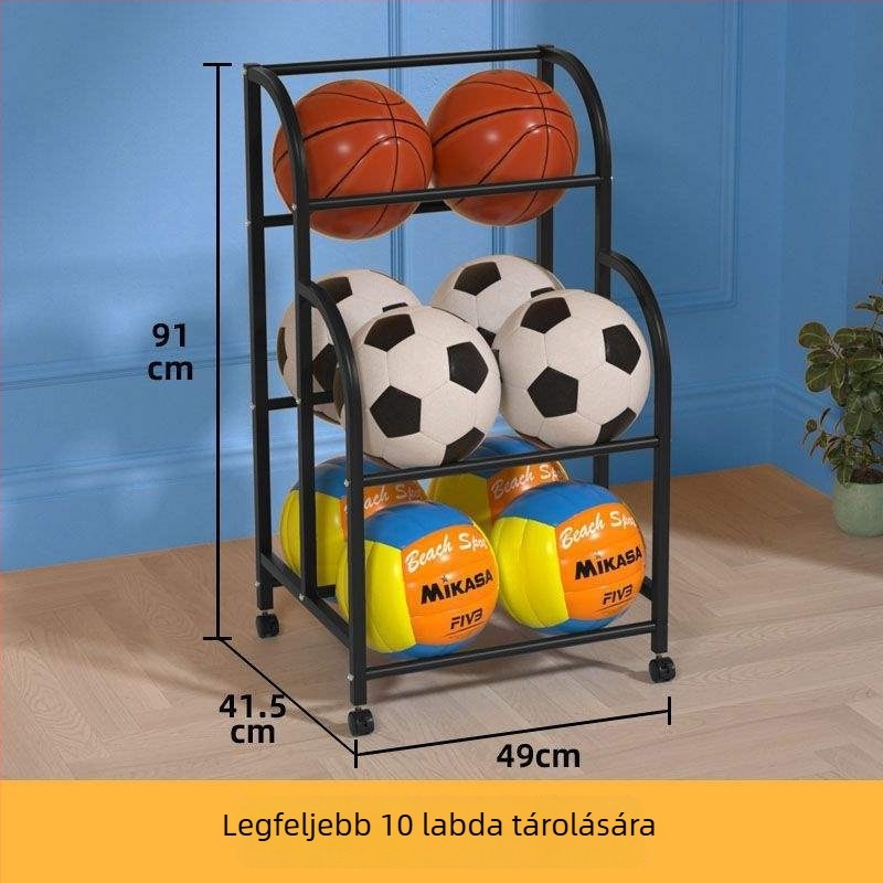 Belső használatú gyermekeknek szánt labdatároló polc – kosárlabda, futball és röplabda számára