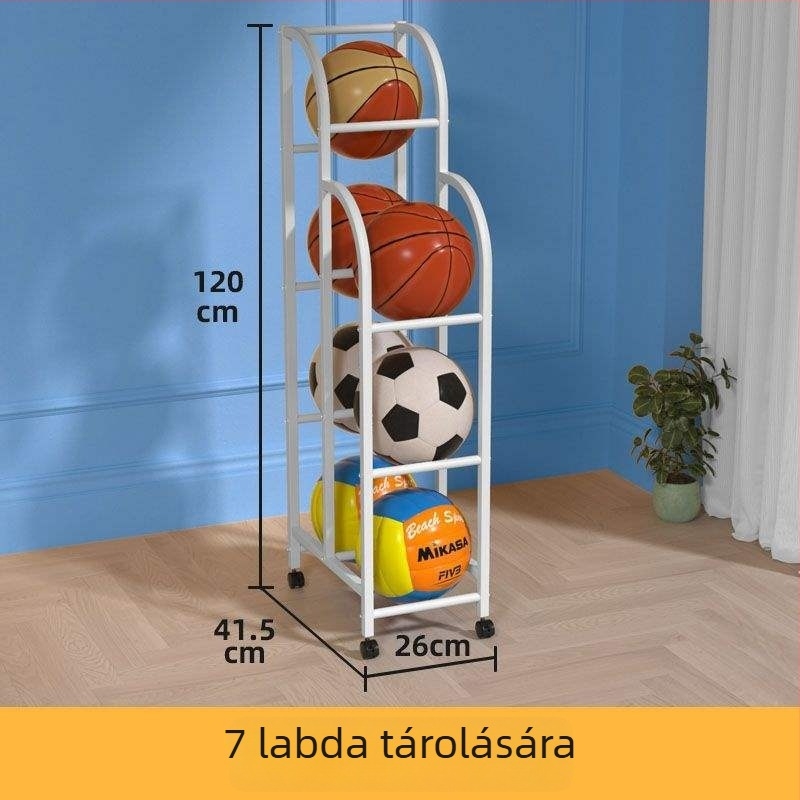 Belső használatú gyermekeknek szánt labdatároló polc – kosárlabda, futball és röplabda számára
