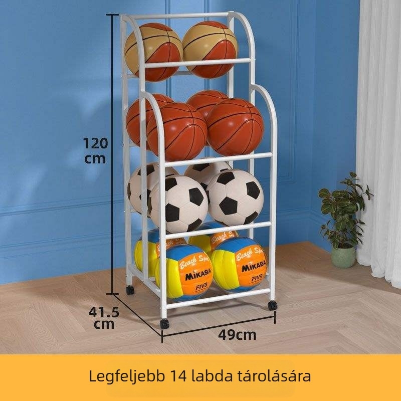 Belső használatú gyermekeknek szánt labdatároló polc – kosárlabda, futball és röplabda számára