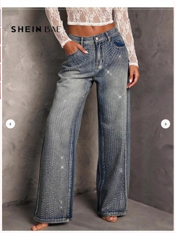 Denim farmernadrág kristályokkal, rugalmas, vintage stílusú kivitel, szabálytalan hotfix kristályok, nőknek, egyenes és széles szárú