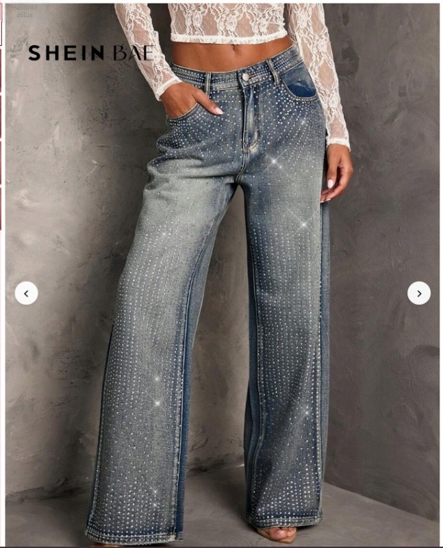 Denim farmernadrág kristályokkal, rugalmas, vintage stílusú kivitel, szabálytalan hotfix kristályok, nőknek, egyenes és széles szárú