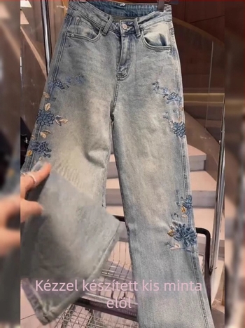 Hímzett denim farmernadrág, őszies kínai stílus, magas derék, egyenes szabás, karcsú vonal