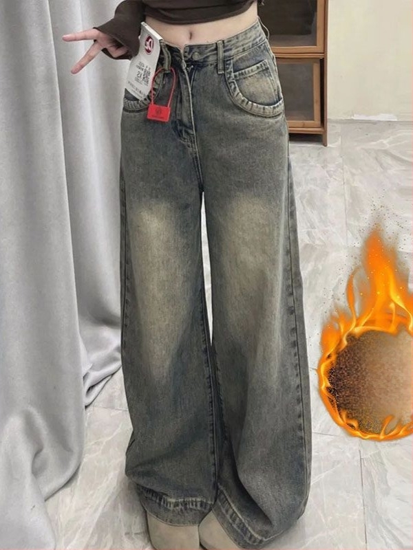 Női vastag plüss bélelt denim nadrág, magas derekú, őszi-téli 2025