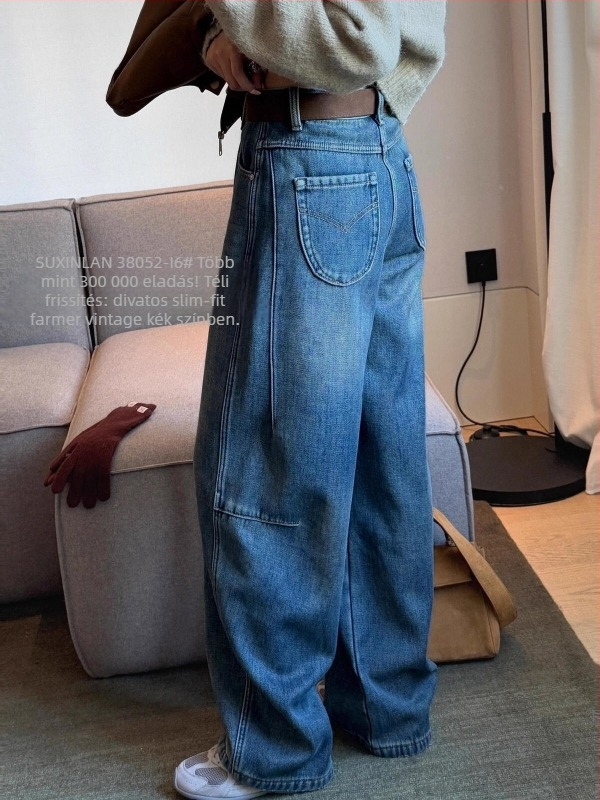 Magas derekú denim nadrág ívelt széles lábakkal, vast anyag, 80-90% denim-tartalom, téli 2025