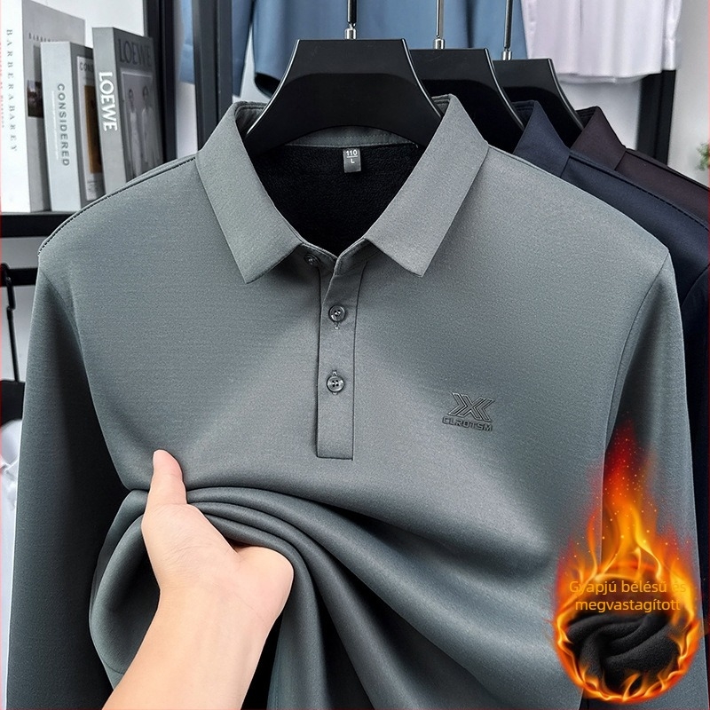 Hosszú ujjú téli pólóing, üzleti casual stílus, fleece bélés, meleg és kényelmes, galléros.