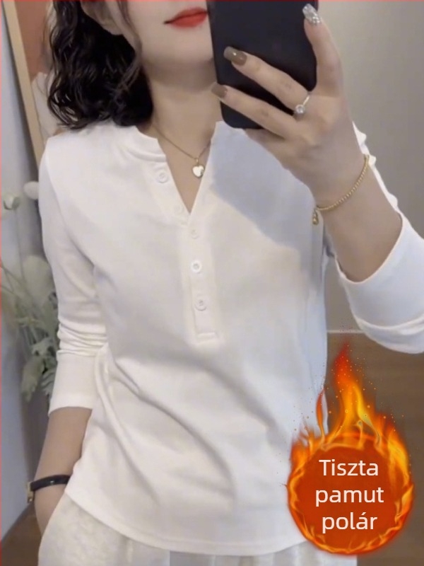 Női hosszú ujjú pamut felső fleece-szövettel, őszi-téli szezon, koreai hatású gombos, laza szabás, alapréteg felső
