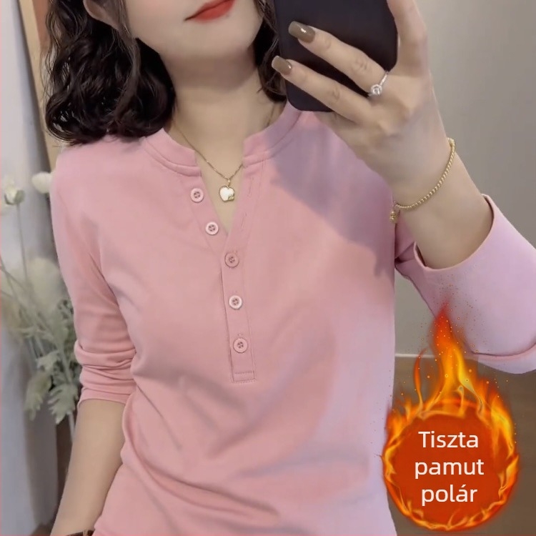 Női hosszú ujjú pamut felső fleece-szövettel, őszi-téli szezon, koreai hatású gombos, laza szabás, alapréteg felső