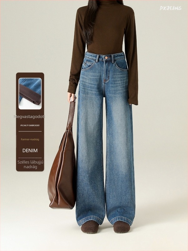 Széles szárú farmernadrág, magas derekú, denim pamut elastánnal (mikro-stretch), fleece belső, distressed részletek