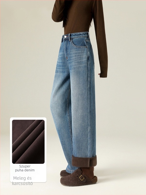 Széles szárú farmernadrág, magas derekú, denim pamut elastánnal (mikro-stretch), fleece belső, distressed részletek