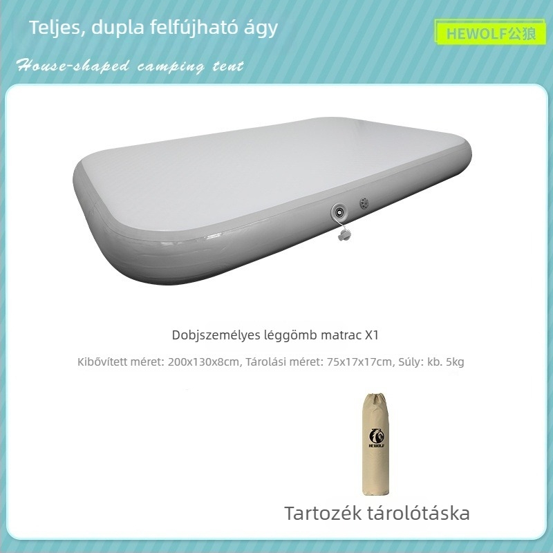 Felfújható matrac, összecsukható, otthoni és kempingezési használatra, 2 személyes kapacitás, PVC felület, külső pumpa, 4 rétegű konstrukció, maximális teher 900 kg
