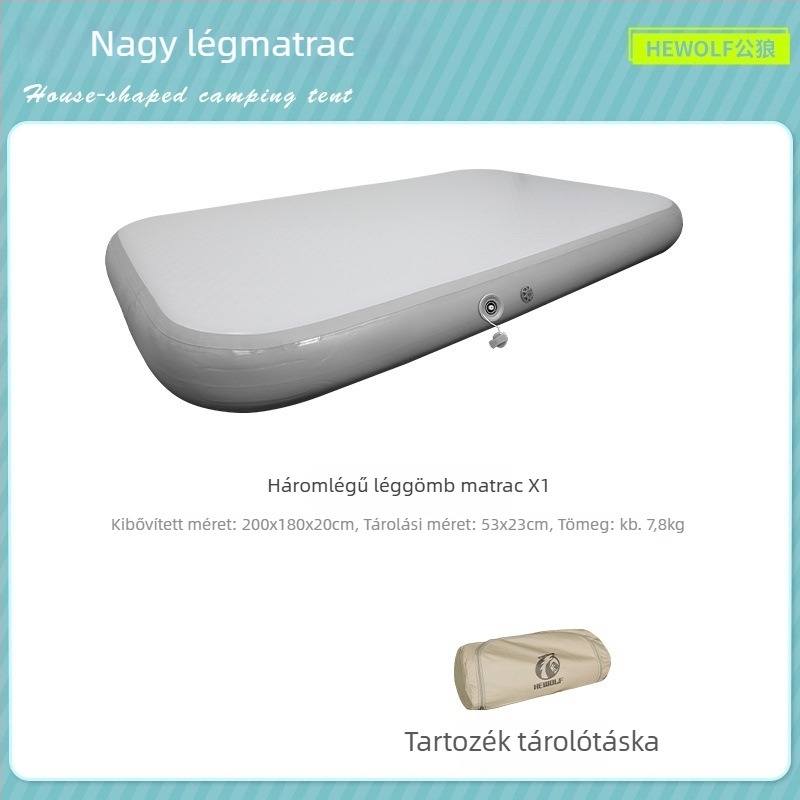 Felfújható matrac, összecsukható, otthoni és kempingezési használatra, 2 személyes kapacitás, PVC felület, külső pumpa, 4 rétegű konstrukció, maximális teher 900 kg