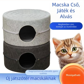 Macskafészek nagy belső térrel, karcolásálló filcből készült, félig zárt kör alakú kialakítás, mosható, beltéri használatra egész évben meleg
