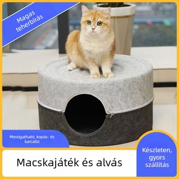 Macskafészek nagy belső térrel, karcolásálló filcből készült, félig zárt kör alakú kialakítás, mosható, beltéri használatra egész évben meleg