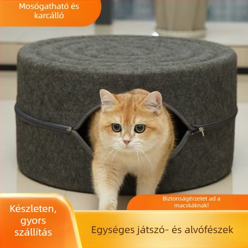 Macskafészek nagy belső térrel, karcolásálló filcből készült, félig zárt kör alakú kialakítás, mosható, beltéri használatra egész évben meleg