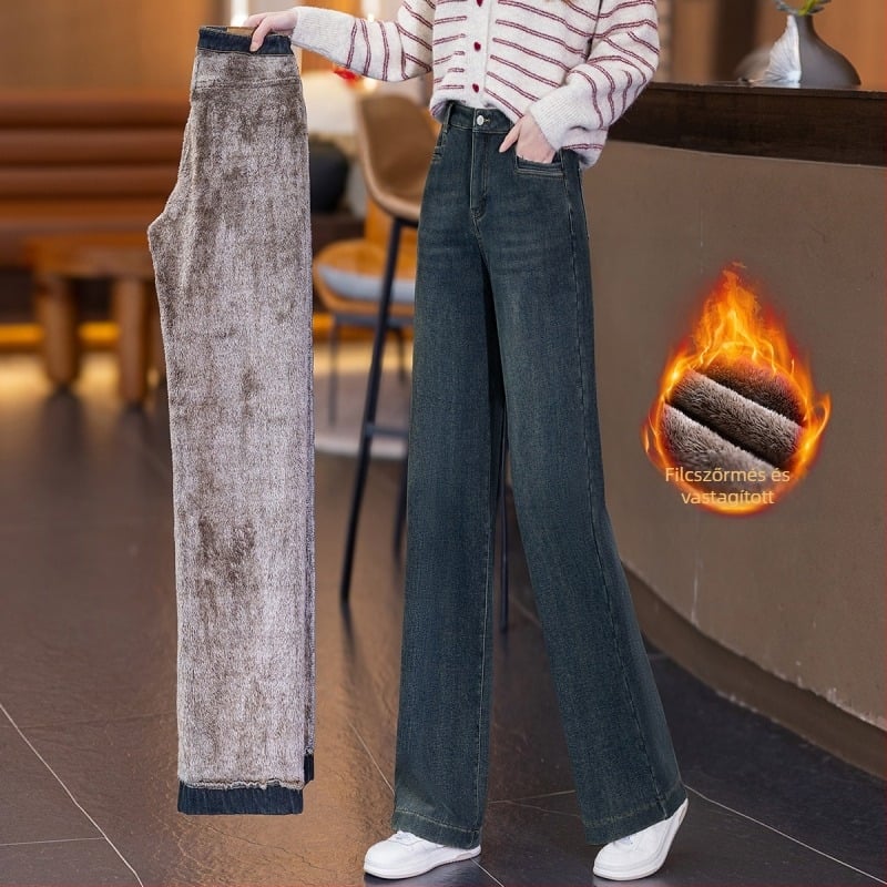Fleece-belsővel ellátott denim nadrág, vastag, magas derekú, egyenes, lazított fazon, 70–80% pamut