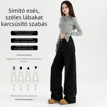 Női farmer – magas derekú, laza szabású denim, 50–70% pamut, mercerizált, mikroelasztikus