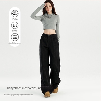 Női farmer – magas derekú, laza szabású denim, 50–70% pamut, mercerizált, mikroelasztikus