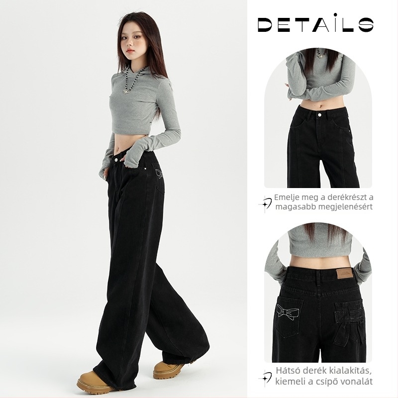 Női farmer – magas derekú, laza szabású denim, 50–70% pamut, mercerizált, mikroelasztikus