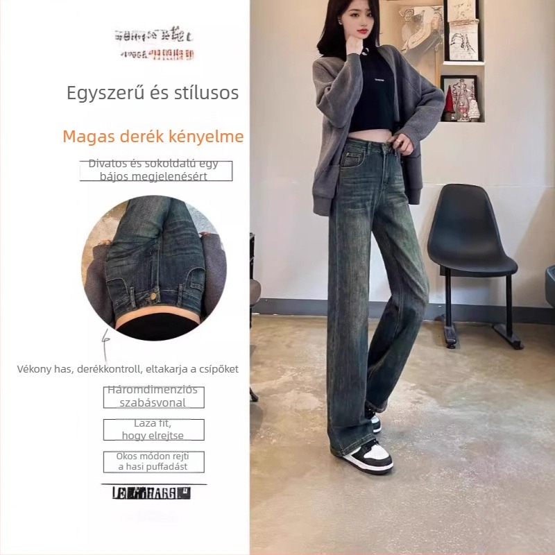 Női magas derekú egyenes farmernadrág, denim, pamut-poliészter keverék (30–50% pamut / 30–50% poliészter), lazább szabás, retro stílus, 2024 tél