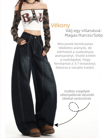 Hímzett farmernadrág, széles szabású, magas derekú, denim, pamut-poliészter keverék
