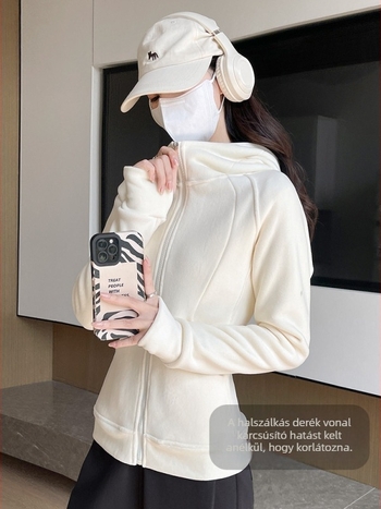 Női fleeceszővel bélelt kapucnis kardigán, pamut-poliészter anyag, cipzáras lezárás, karcsú szabás, ingázó stílus