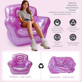 Átlátszó felfújható kanapé kültéri kempingezéshez, egyszemélyes kanapé, környezetbarát PVC, 0.35 mm vastagság, 2.4 kg tömeg, felnőtteknek