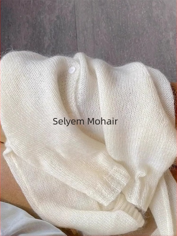 Mohair kardigán, vékony kötés, egyszínű minta, kerek nyak, hosszú ujjú, normál hosszúság
