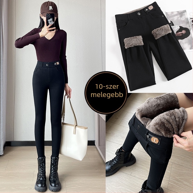 Női fleece-béléssel ellátott leggings téli, vastag, magas derekú, karcsú szabás, meleg viszkóz rostból