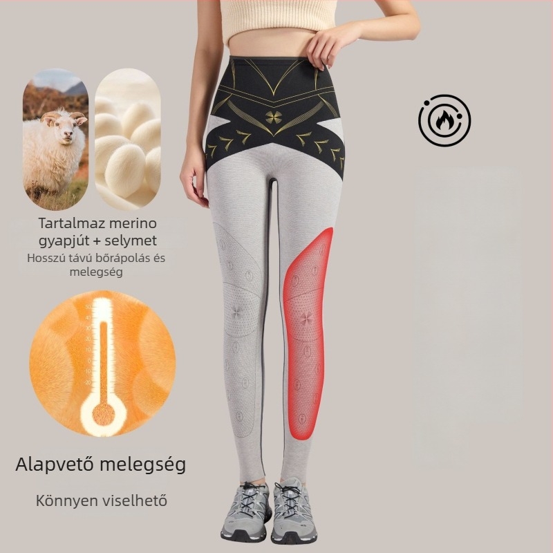Termikus leggings nylon és spandex anyagból, magas derék, bokáig érő hossz, szoros fazon, melegen tart