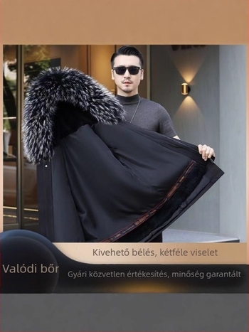 Férfi parka levehető nyúlszőr béléssel, középhosszú, kapucnis