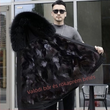 Férfi magas minőségű valódi szőrme parkája bőrrel és rókaszőrrel bélelt, levehető szőrzet, téli kabát
