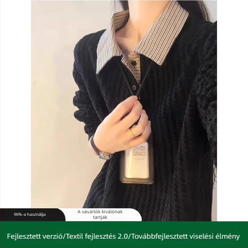Hosszú ujjú polo ing laza szabású, panelek herringbone és houndstooth mintákkal, poliészter, vasalásmentes felület (ősz)