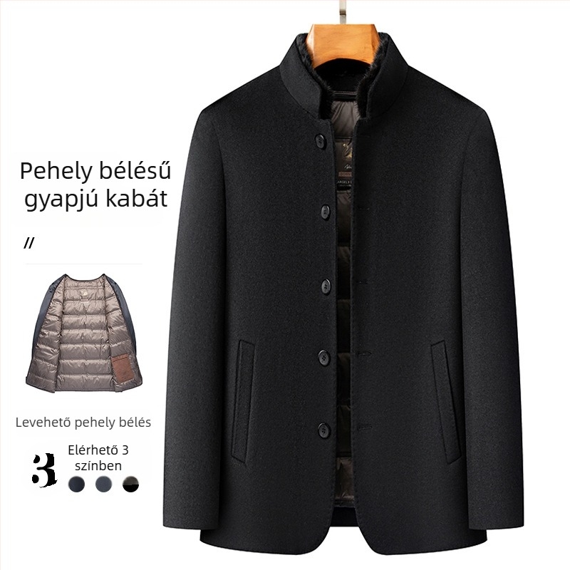 Férfiaknak szóló kétoldalas nylon kabát mink gallérral, levehető tolltöltettel és állógallérral, gyapjú anyagú