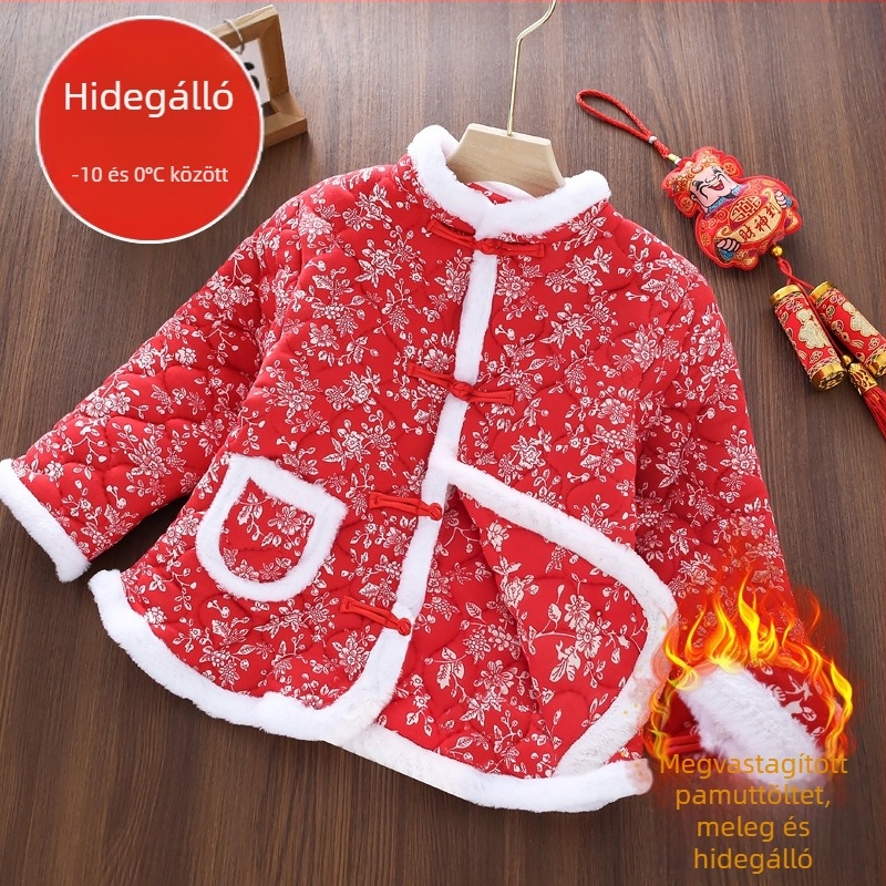 Gyerekeknek tervezett virágos pamut töltetű kabát fleece-béléssel, téli, etnikus stílus