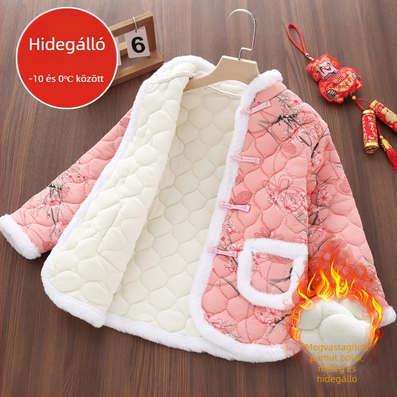 Gyerekeknek tervezett virágos pamut töltetű kabát fleece-béléssel, téli, etnikus stílus