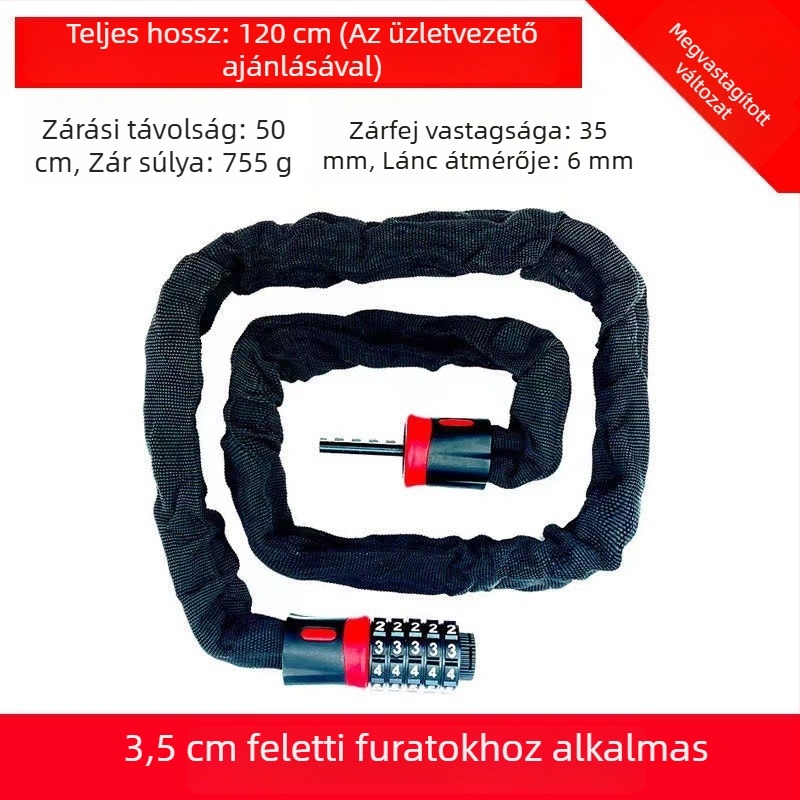 Láncos zár jelszóval kerékpárokhoz és motorkerékpárokhoz, 4- vagy 5-jegyű kombinációval