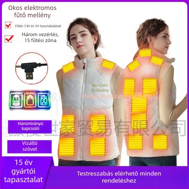 Melegítő mellény nylon külsővel, pamut-puh töltet, USB töltés, önmelegedő technológia, kapucni nélküli