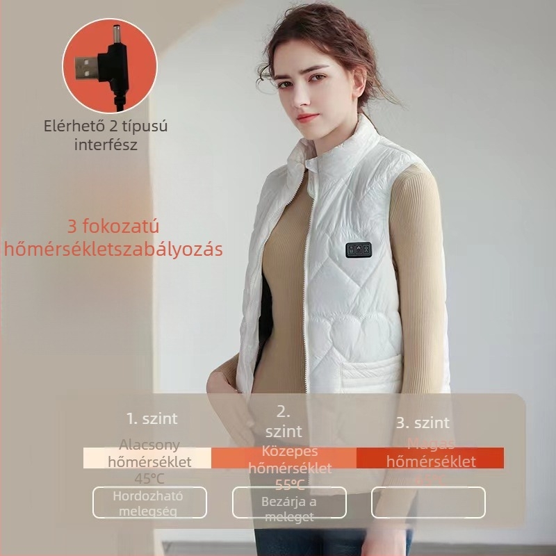 Melegítő mellény nylon külsővel, pamut-puh töltet, USB töltés, önmelegedő technológia, kapucni nélküli
