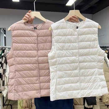 Női Slim-Fit down mellény fehér lúd tollal, 50% tolltartalom, vékony poliészter anyag, körkörös nyak