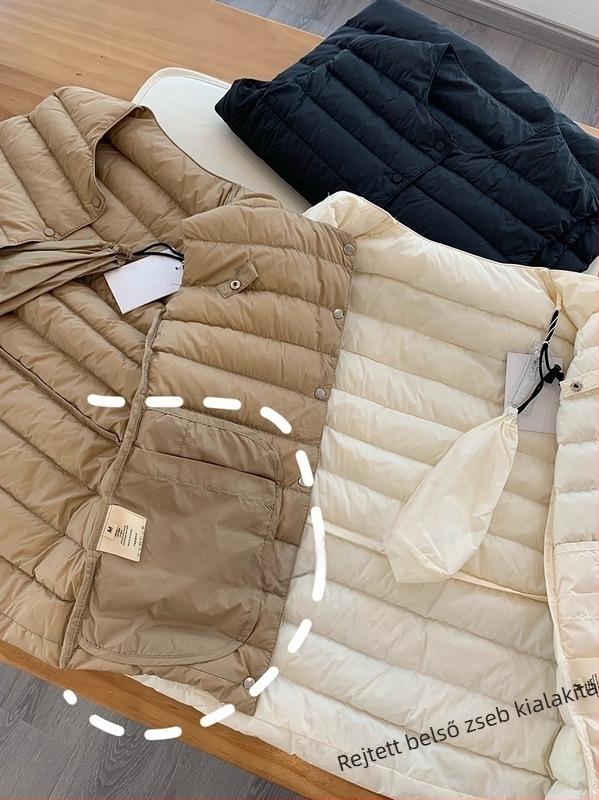 Női pehely mellény libapelyhes töltéssel, közepes vastagságú, külső anyag nylon, belső anyag poliészter, pehelytartalom 86–90%, hétköznapi stílus