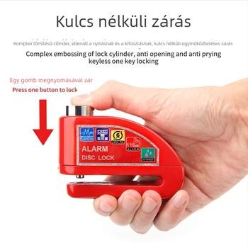 Motorkerékpárhoz való riasztó tárcsaféke zár tárolótáskával – hordozható, fém kivitel, vízálló, korrózióálló, csúszásmentes