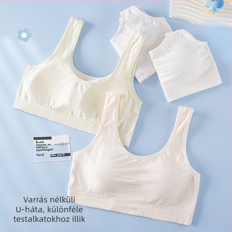 Növekvő lányoknak szánt melltartó-stílusú top, teljes kosár, légáteresztő viszkóz anyag, merevítő nélkül, hátat simító dizájn, kényelmes mindennapokra.