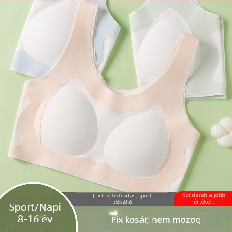 Lányok sportmelltartója, 3/4 kosár, vékony formázó kosár habbal, fő anyag nylon, bélés spandex, rögzített dupla vállpántok, lélegző hátsó rész, kényelmes