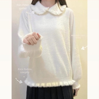 Retro top mink velúrral, babaszerű gallér, Lolita stílus, őszi-téli