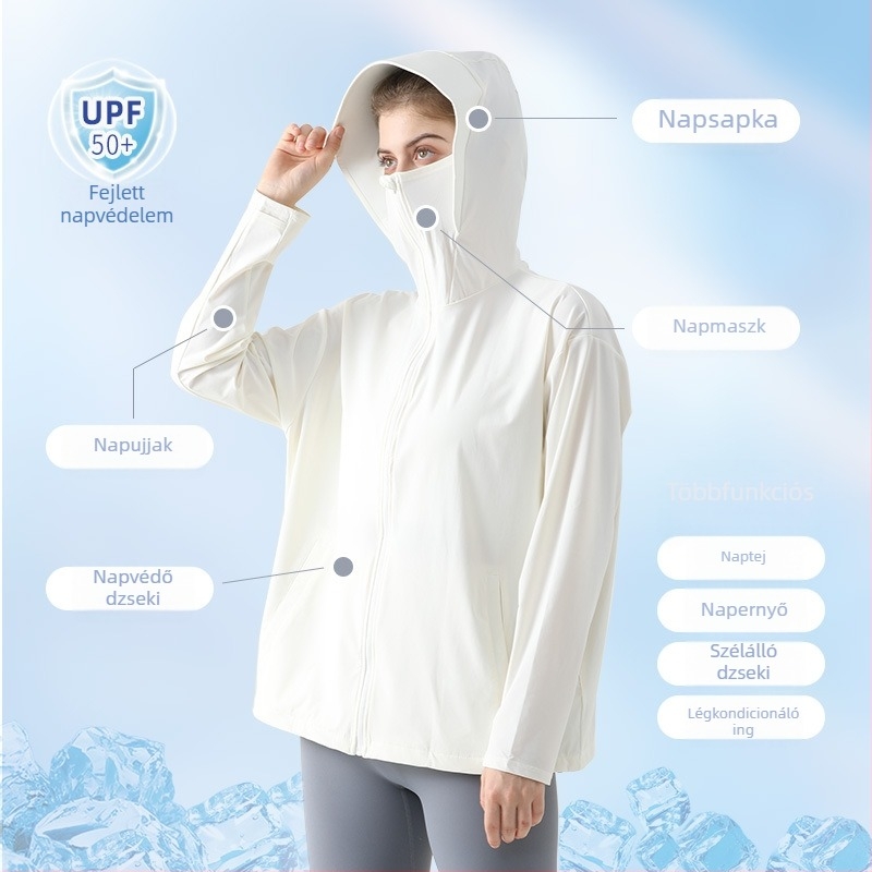 Női Ice Silk hűtő hatású UV-védett kabát nyárra, légáteresztő, kapucnis, gyorsan száradó, horgászathoz és szabadidőhöz
