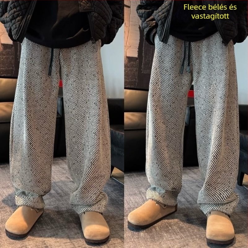 Férfiaknak szóló fleece-lával bélelt, vastag diagonális twill anyagú szabadidős sportnadrág, őszi-téli új stílus, laza szabás, nagy méret