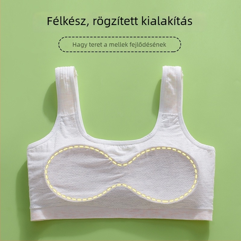 Lányoknak szánt mellény-stílusú fehérnemű felső, Stádium 2 fejlődéséhez (12–15 év); viszkóz anyag; teljes kosár, vékony formázott habos bélés; acélöv nélkül; fix dupla vállpántok; légáteresztő és támogató.