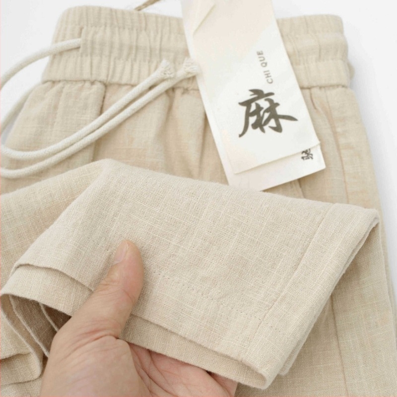 Férfi len nadrág rövidnadrág japán stílusban, sötétkék, laza szabás, légáteresztő és nedvességfelszívó, pamut-len keverék, egyszínű, egyenes szabás, mindennapi viselet, térdig érő