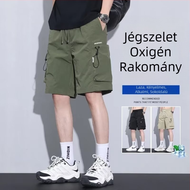 Férfiaknak készült lazán szabott cargo rövidnadrág oldalsó zsebekkel, Ice Silk anyag, poliészter rost, ötöd részes hossz