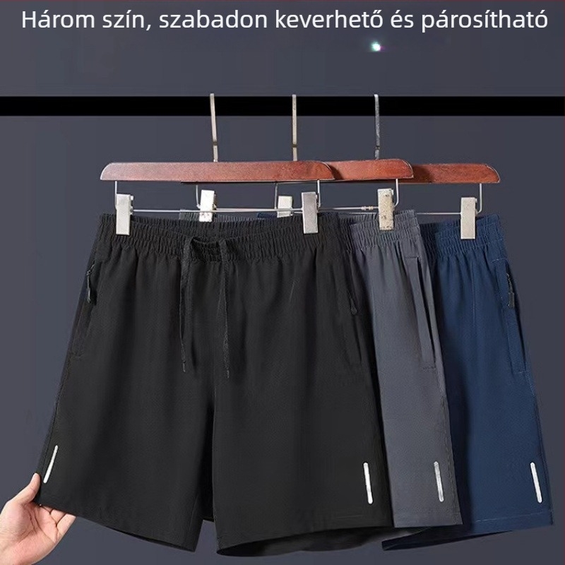 Laza férfi nyári rövidnadrág vékony ice-silk anyagból, koreai stílusú cipzáras zsebekkel, középmagas hosszúságú, elasztikus derék.